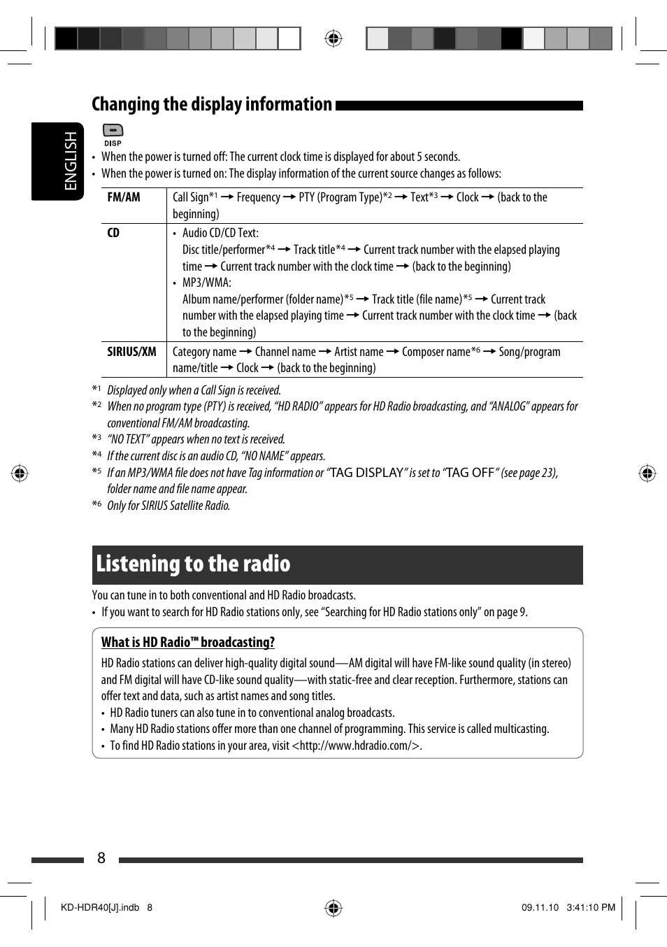 Changing the display information, Listening to the radio, English 8 | JVC LVT2088-001B User Manual | Page 8 / 100