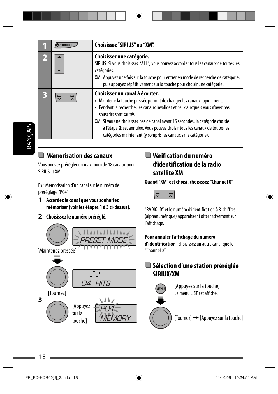Mémorisation des canaux, Sélection d’une station préréglée siriux/xm | JVC LVT2088-001B User Manual | Page 82 / 100