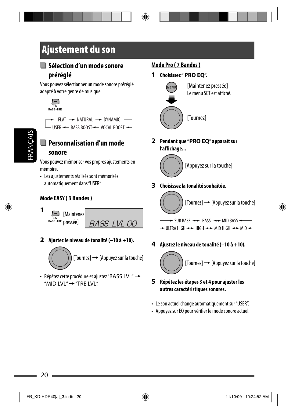 Ajustement du son, Sélection d’un mode sonore préréglé, Personnalisation d’un mode sonore | JVC LVT2088-001B User Manual | Page 84 / 100