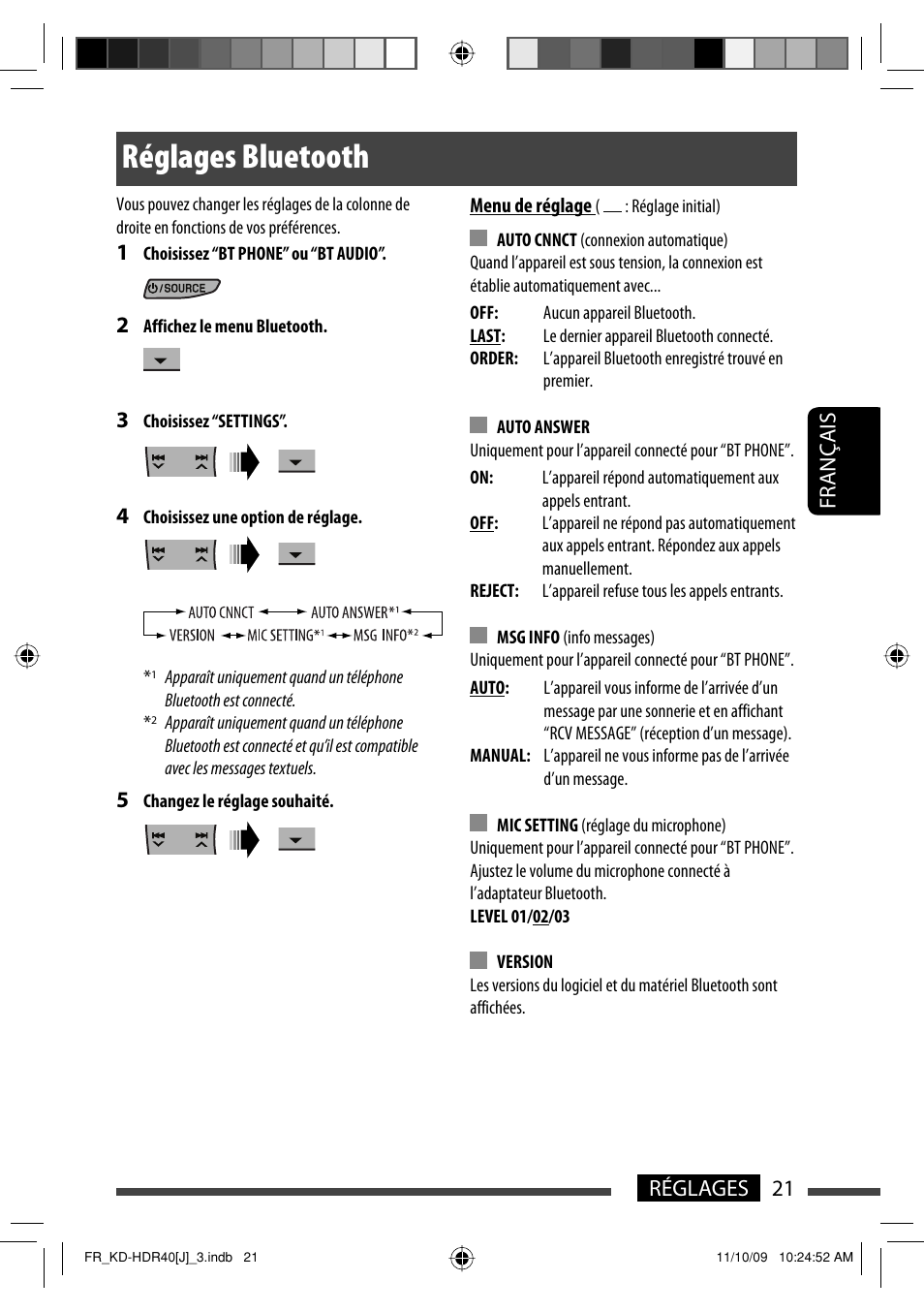 Reglages bluetooth, Réglages bluetooth, 21 réglages français | JVC LVT2088-001B User Manual | Page 85 / 100