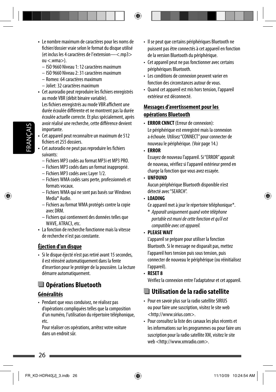 Utilisation de la radio satellite, Opérations bluetooth, 26 français | JVC LVT2088-001B User Manual | Page 90 / 100