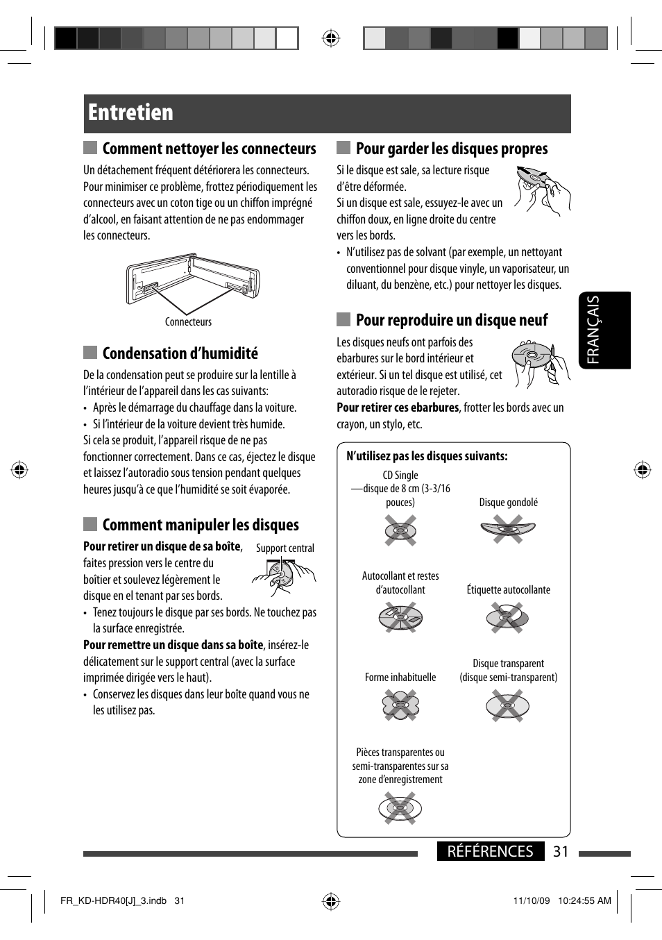 Entretien, Comment nettoyer les connecteurs, Condensation d’humidité | Comment manipuler les disques, Pour garder les disques propres, Pour reproduire un disque neuf, 31 références français | JVC LVT2088-001B User Manual | Page 95 / 100