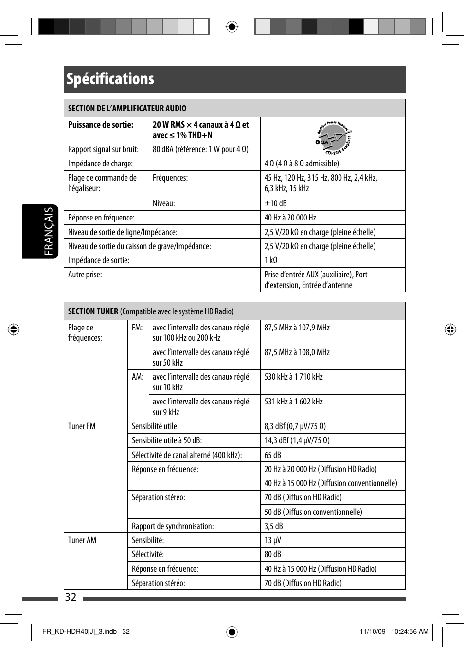 Specifications, Spécifications, 32 français | JVC LVT2088-001B User Manual | Page 96 / 100