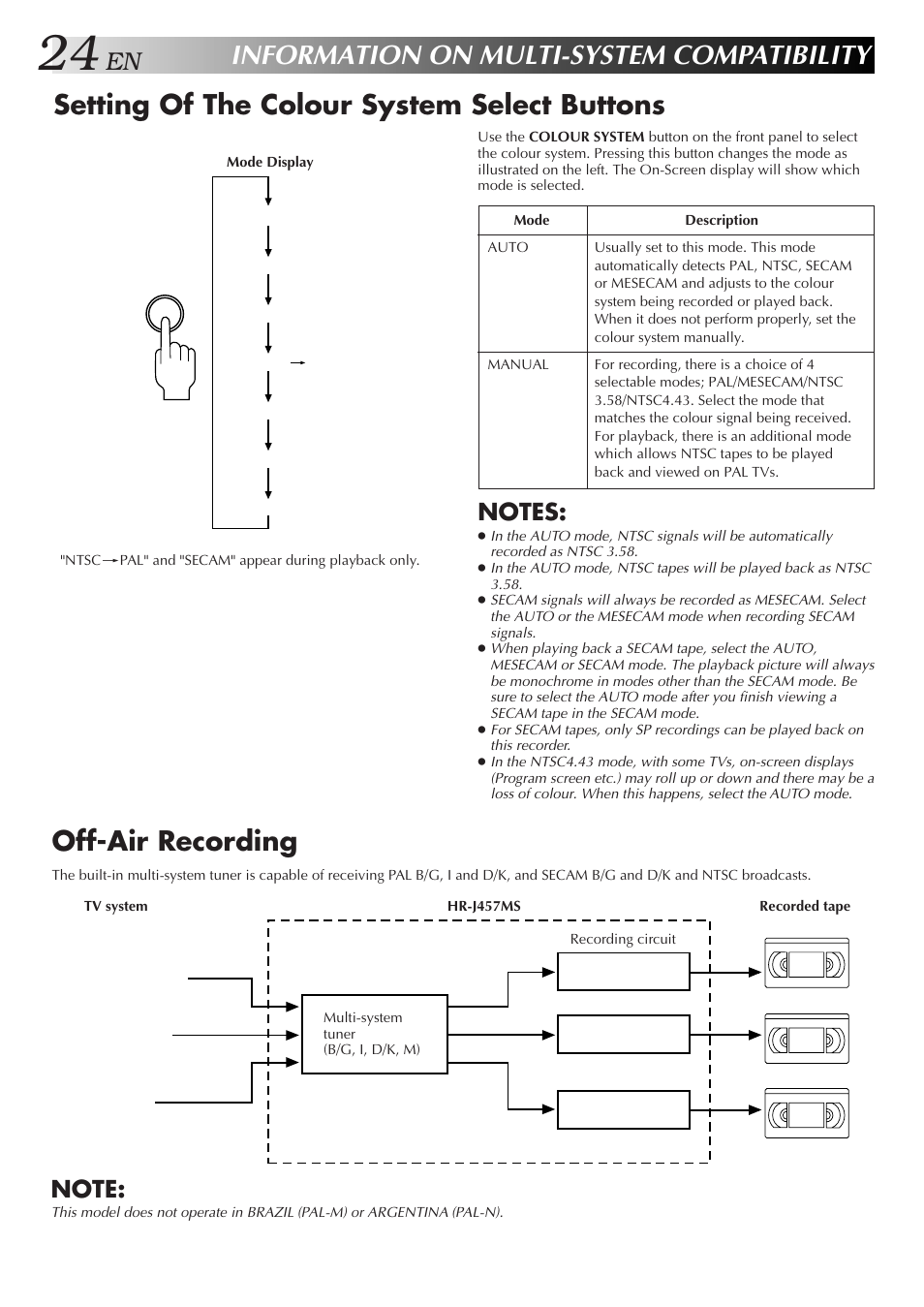 Information on multi-system compatibility, Setting of the colour system select buttons, Off-air recording | JVC HR-J457MS User Manual | Page 24 / 38