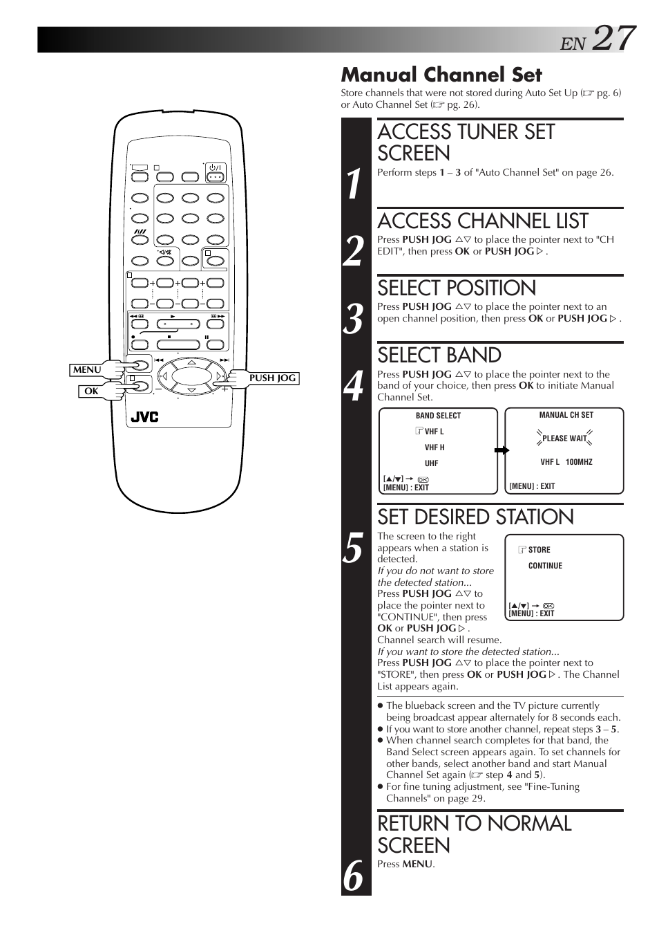 Access tuner set screen, Access channel list, Select position | Select band, Set desired station, Return to normal screen, Manual channel set | JVC HR-J457MS User Manual | Page 27 / 38