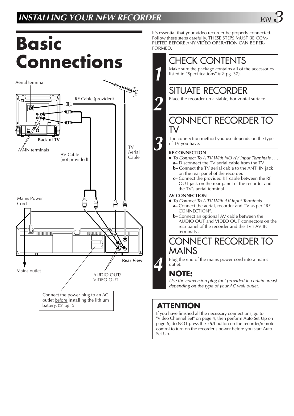Basic connections, Check contents, Situate recorder | Connect recorder to tv, Connect recorder to mains, Installing your new recorder | JVC HR-J457MS User Manual | Page 3 / 38