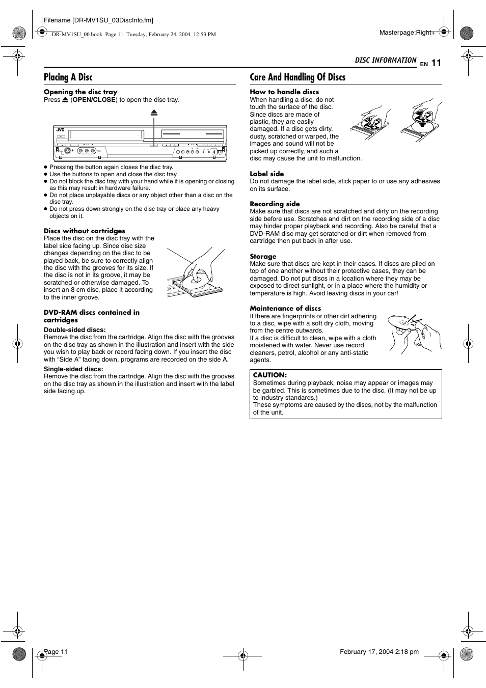 Placing a disc, Care and handling of discs | JVC VCR PLUS+ DR-MV1S User Manual | Page 11 / 92