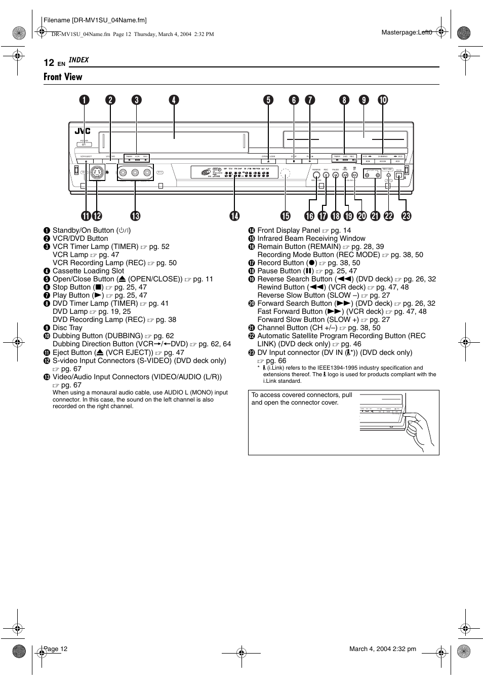 Index, Front view, S 12 | Index 12 | JVC VCR PLUS+ DR-MV1S User Manual | Page 12 / 92