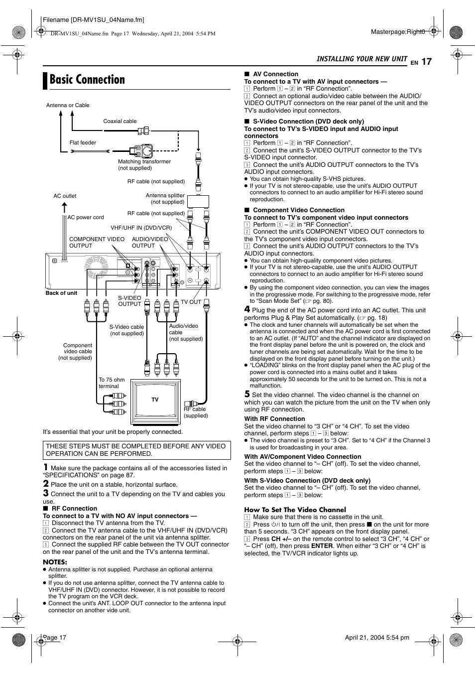 Installing your new unit, Basic connection, Pg. 17 | Pg. 17, 68 | JVC VCR PLUS+ DR-MV1S User Manual | Page 17 / 92