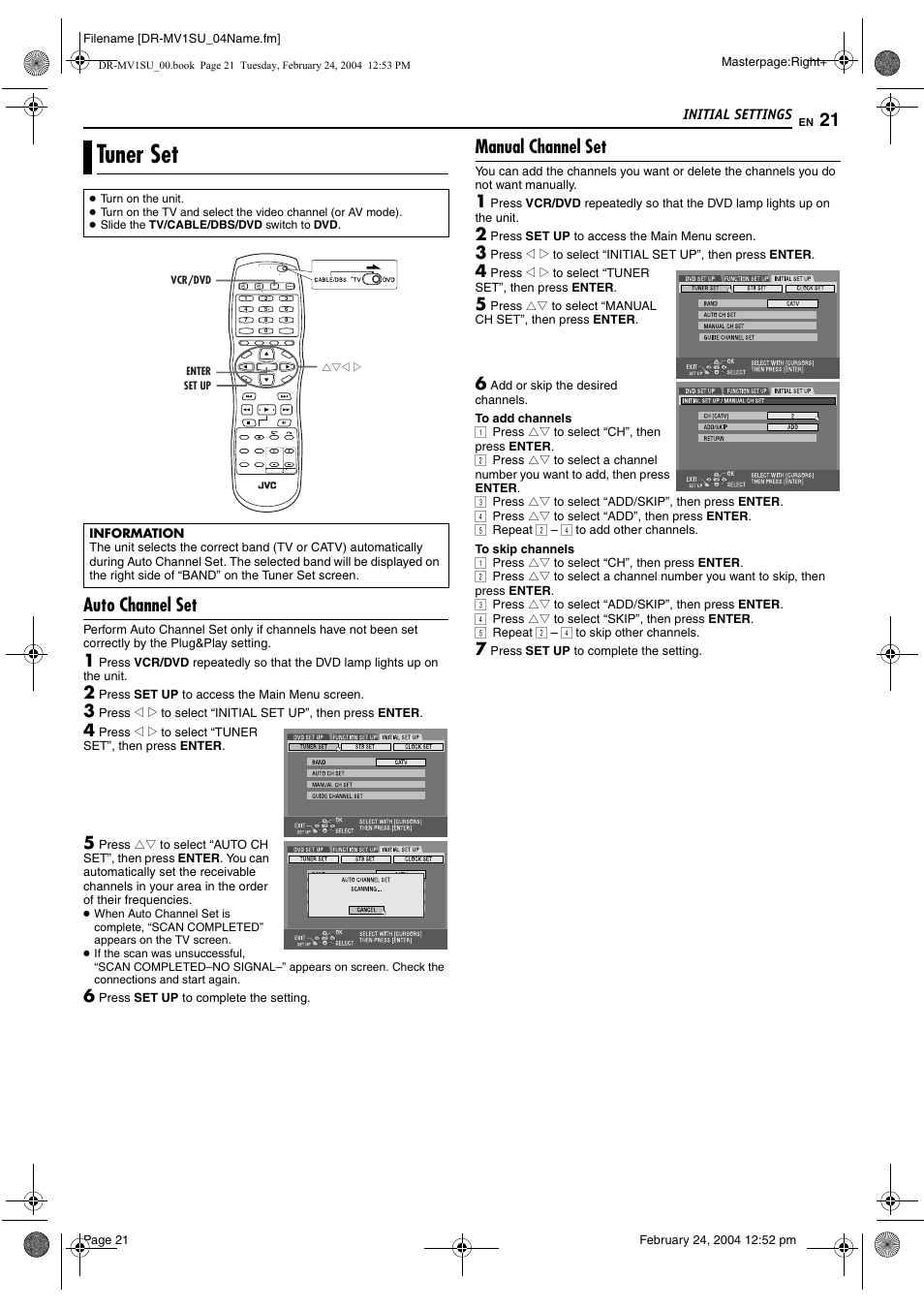 Tuner set, Auto channel set, Manual channel set | Pg. 21, 38, Pg. 21), D “auto channel set, Pg. 21) or, Manual channel set” (੬ pg. 21) | JVC VCR PLUS+ DR-MV1S User Manual | Page 21 / 92