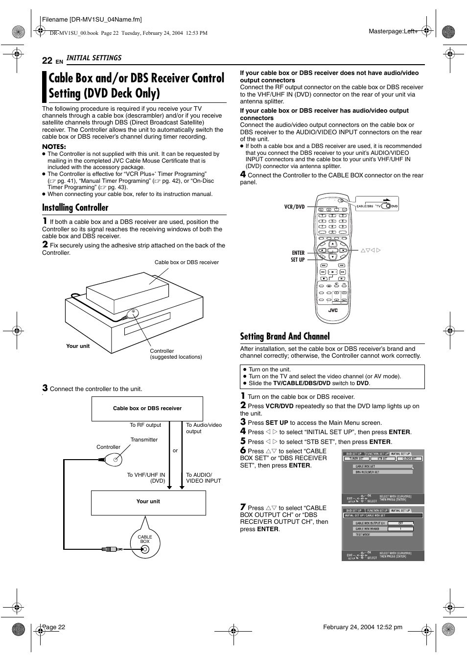 Installing controller, Setting brand and channel, Only) | Pg. 22 | JVC VCR PLUS+ DR-MV1S User Manual | Page 22 / 92