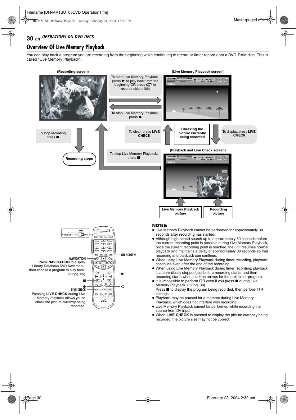 Overview of live memory playback, Pg. 30, 3, Operations on dvd deck | JVC VCR PLUS+ DR-MV1S User Manual | Page 30 / 92