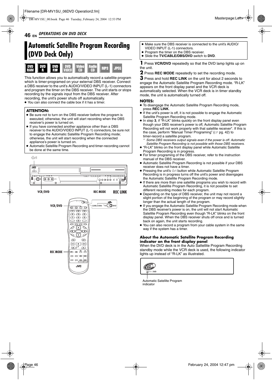K only), Pg. 46, Pg. 46) | Operations on dvd deck | JVC VCR PLUS+ DR-MV1S User Manual | Page 46 / 92