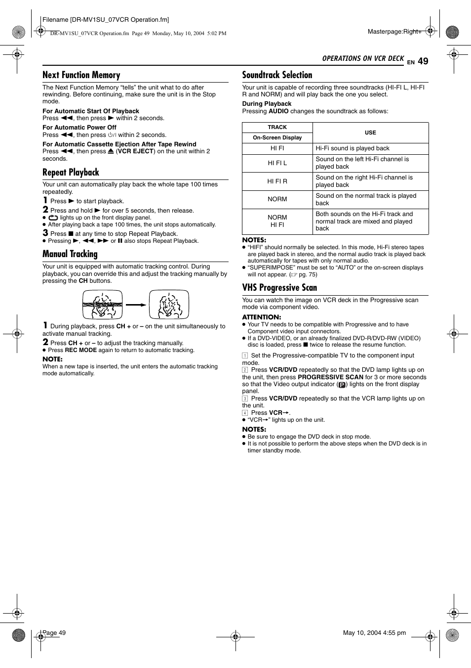 Next function memory, Repeat playback, Manual tracking | Soundtrack selection, Pg. 49, Vhs progressive scan | JVC VCR PLUS+ DR-MV1S User Manual | Page 49 / 92