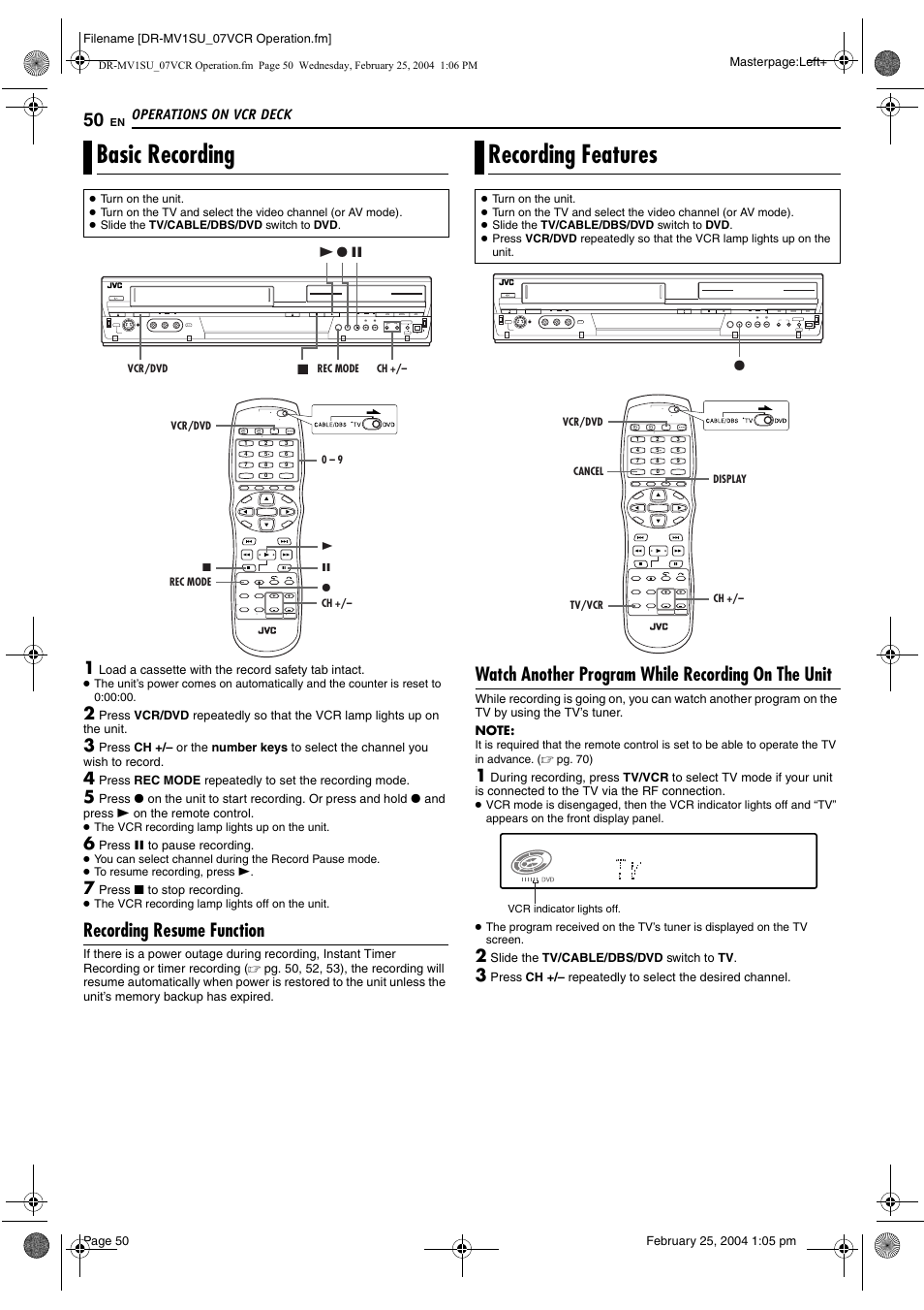 Basic recording, Recording resume function, Recording features | Watch another program while recording on the unit, Pg. 50), Basic recording recording features, Rec), Pg. 50, Operations on vcr deck | JVC VCR PLUS+ DR-MV1S User Manual | Page 50 / 92