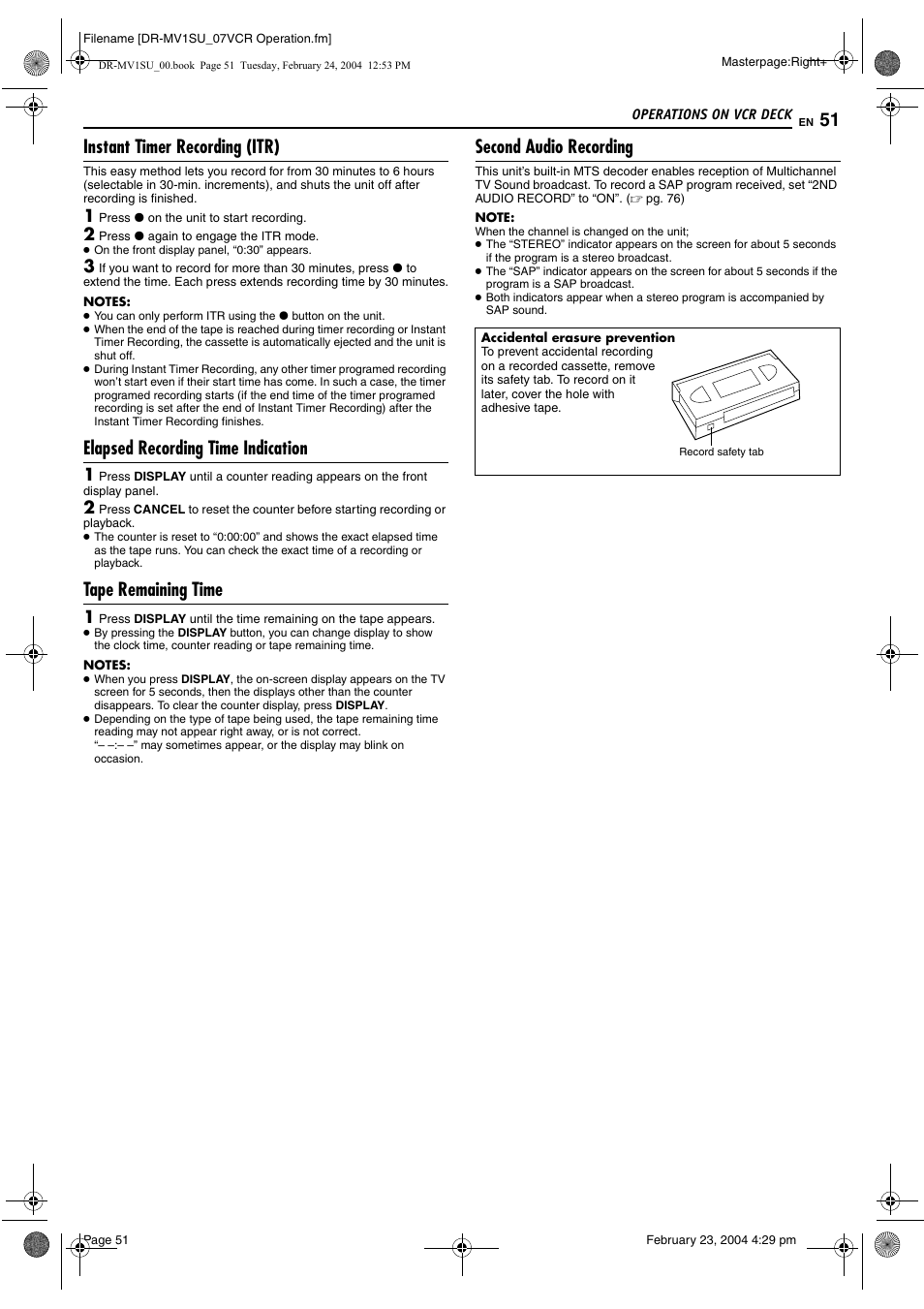 Instant timer recording (itr), Elapsed recording time indication, Tape remaining time | Second audio recording, Pg. 51, Dicator | JVC VCR PLUS+ DR-MV1S User Manual | Page 51 / 92