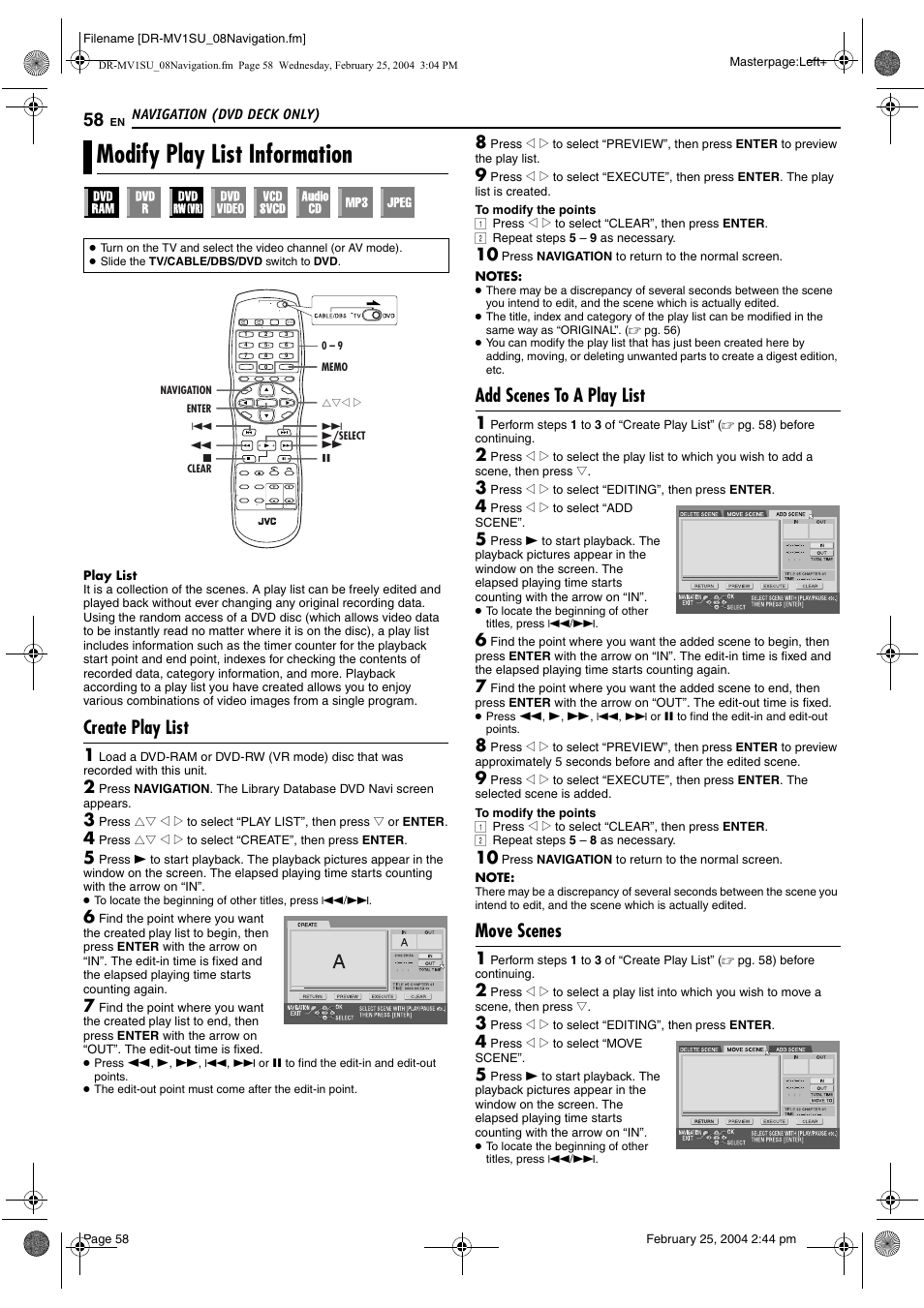 Modify play list information, Create play list, Add scenes to a play list | Move scenes, Pg. 58) | JVC VCR PLUS+ DR-MV1S User Manual | Page 58 / 92