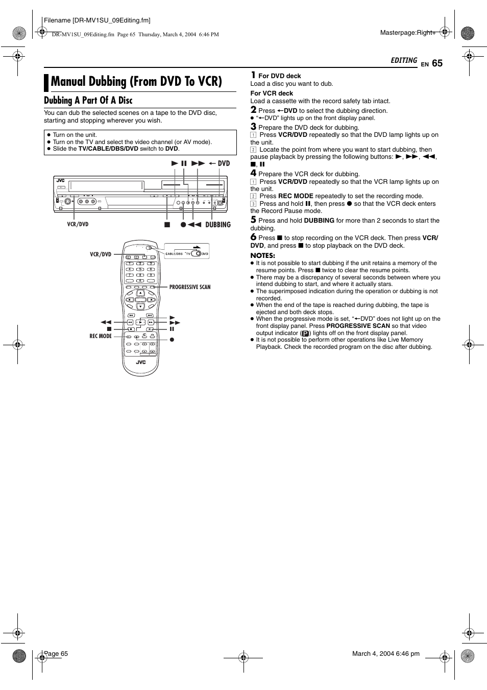 Manual dubbing (from dvd to vcr), Dubbing a part of a disc | JVC VCR PLUS+ DR-MV1S User Manual | Page 65 / 92