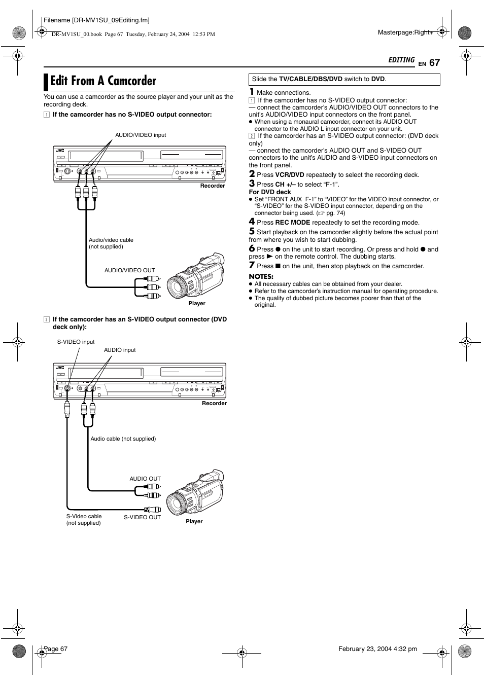 Edit from a camcorder, Pg. 67 | JVC VCR PLUS+ DR-MV1S User Manual | Page 67 / 92