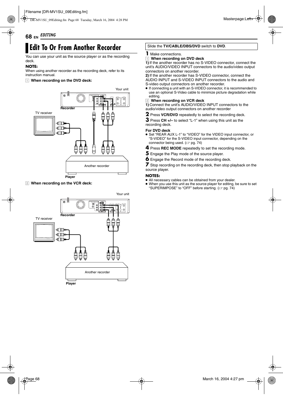 Edit to or from another recorder, Pg. 68 | JVC VCR PLUS+ DR-MV1S User Manual | Page 68 / 92