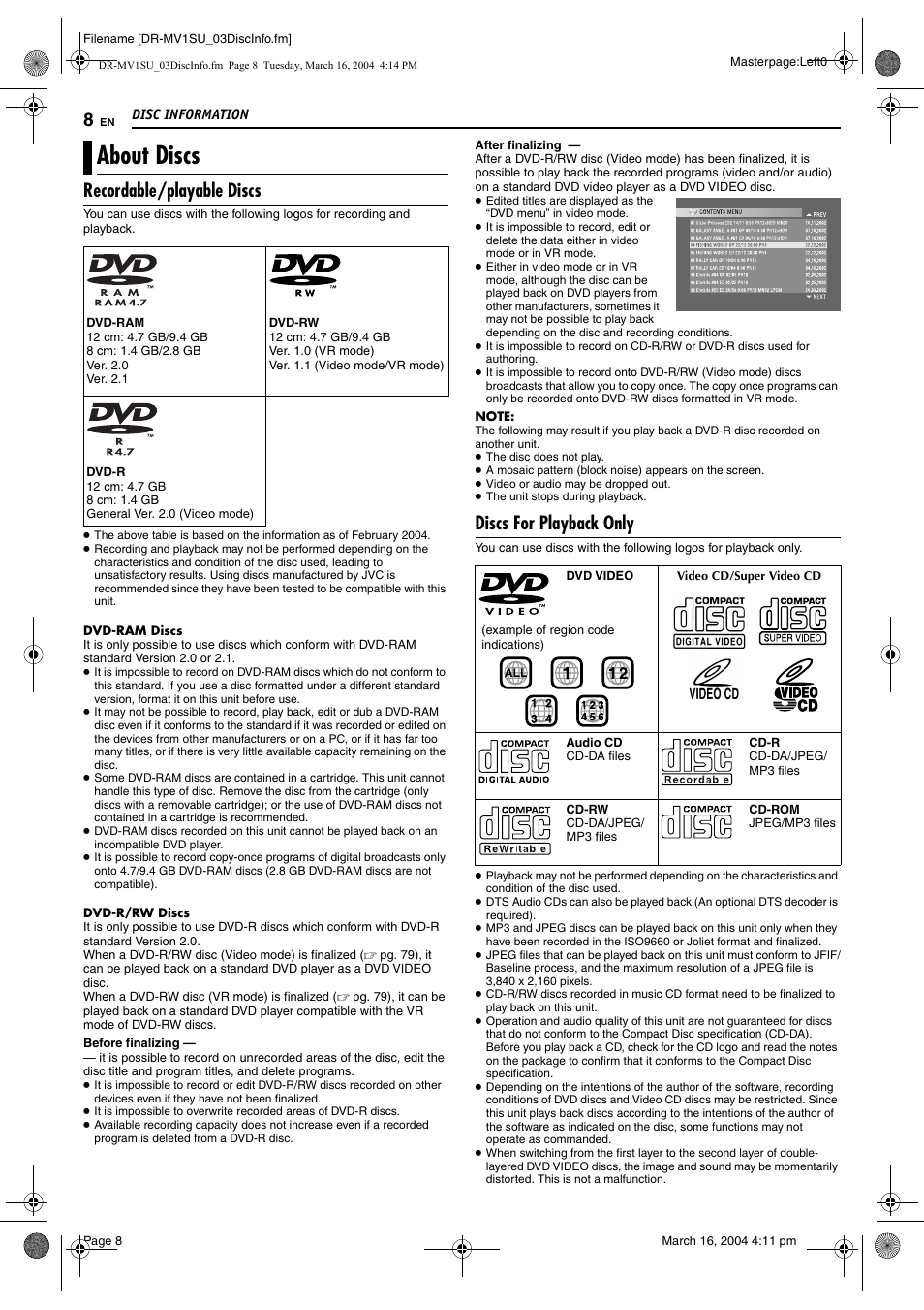 Disc information, About discs, Recordable/playable discs | Discs for playback only | JVC VCR PLUS+ DR-MV1S User Manual | Page 8 / 92