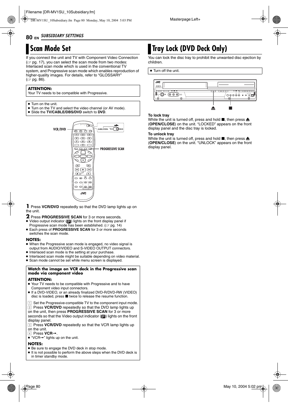Scan mode set (dvd deck only), Tray lock (dvd deck only), Scan mode set tray lock (dvd deck only) | Pg. 80, Scan mode set, Pg. 80) | JVC VCR PLUS+ DR-MV1S User Manual | Page 80 / 92