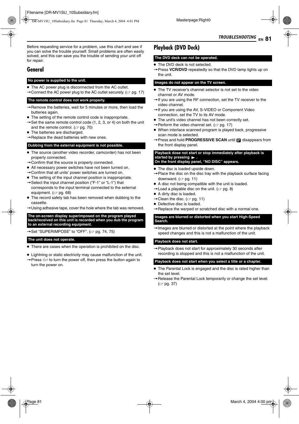 Troubleshooting, Troubleshooting 81, General | Playback (dvd deck) | JVC VCR PLUS+ DR-MV1S User Manual | Page 81 / 92