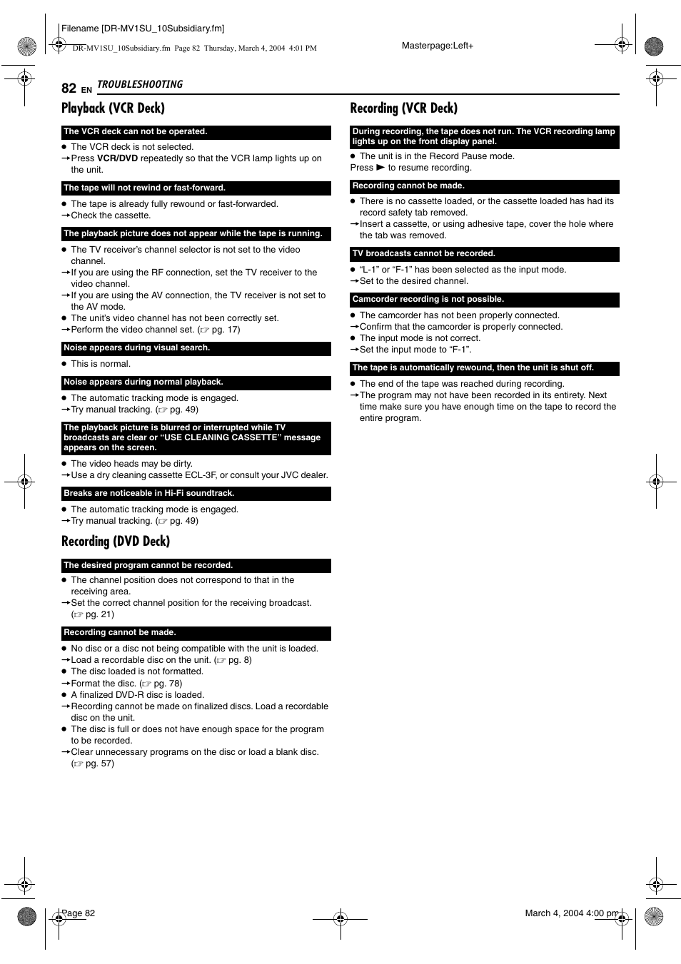 Playback (vcr deck), Recording (dvd deck), Recording (vcr deck) | JVC VCR PLUS+ DR-MV1S User Manual | Page 82 / 92