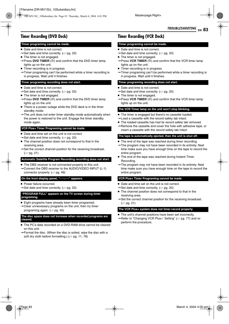 Timer recording (dvd deck), Timer recording (vcr deck) | JVC VCR PLUS+ DR-MV1S User Manual | Page 83 / 92
