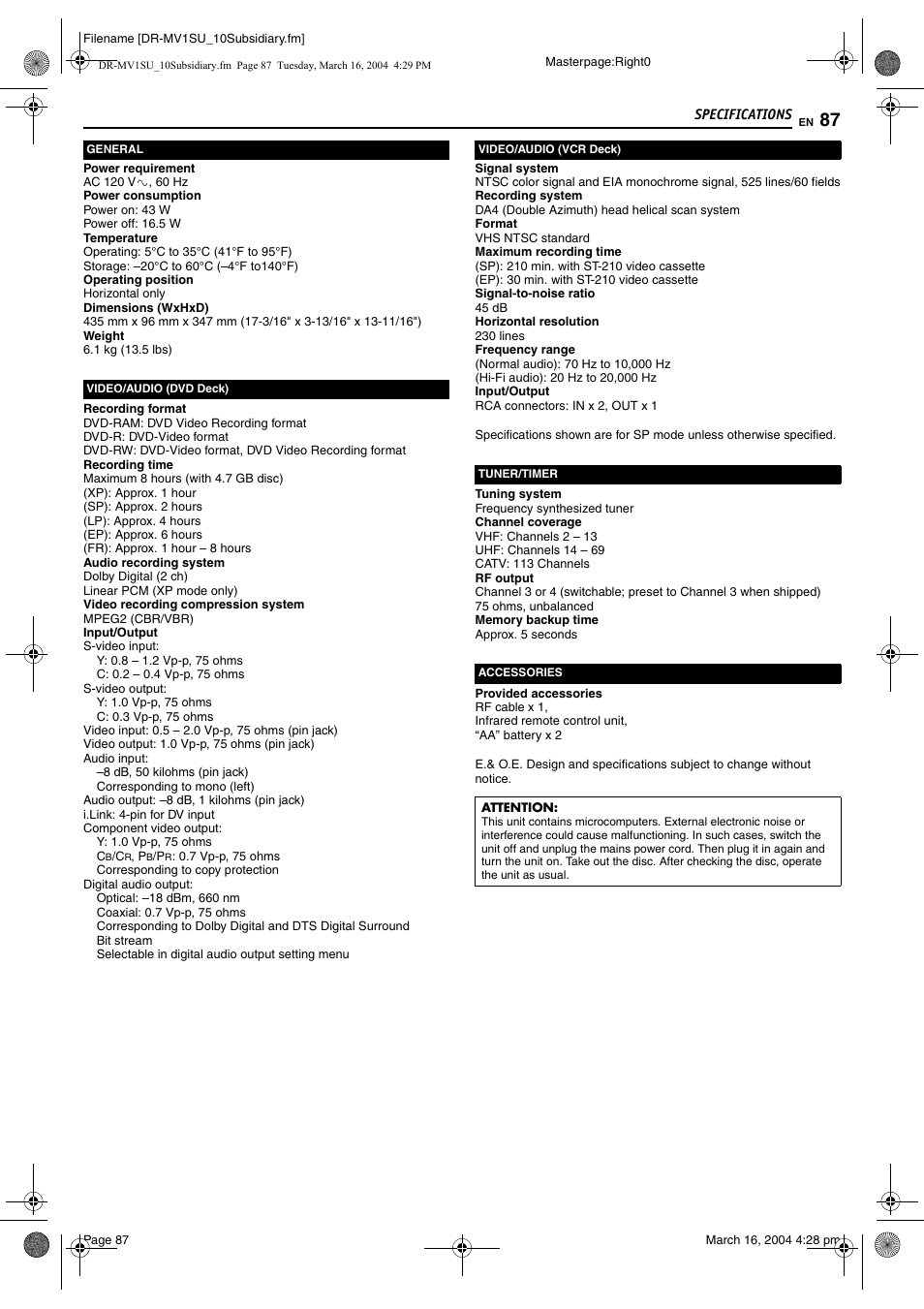 Specifications, Specifications 87 | JVC VCR PLUS+ DR-MV1S User Manual | Page 87 / 92