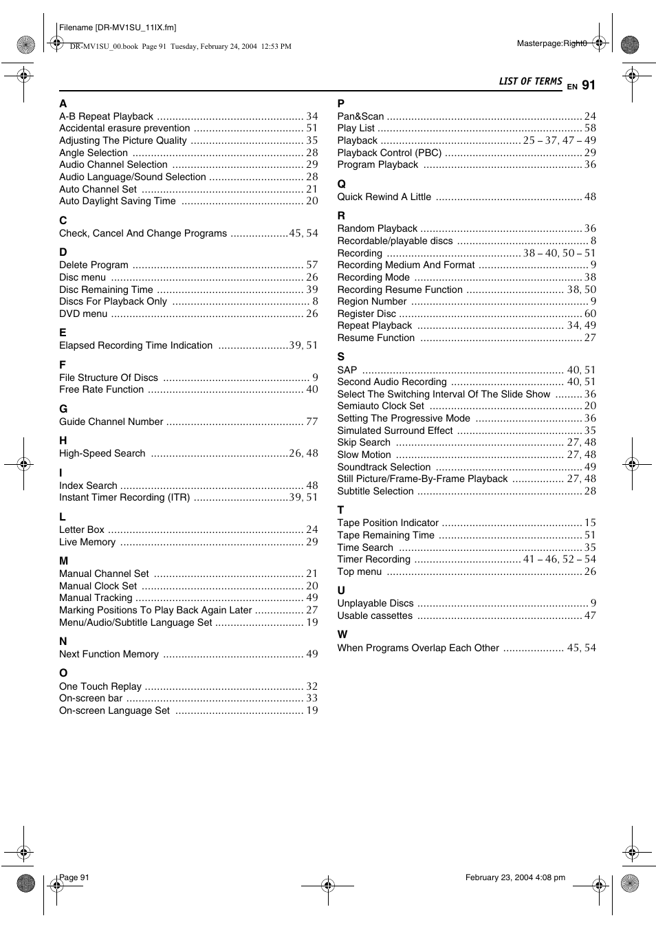 List of terms | JVC VCR PLUS+ DR-MV1S User Manual | Page 91 / 92