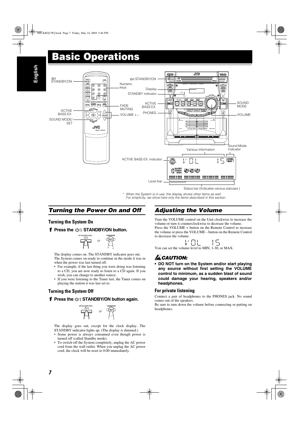 Basic operations, Turning the power on and off, Adjusting the volume | JVC MX-KB1 MX-KB2 User Manual | Page 10 / 82