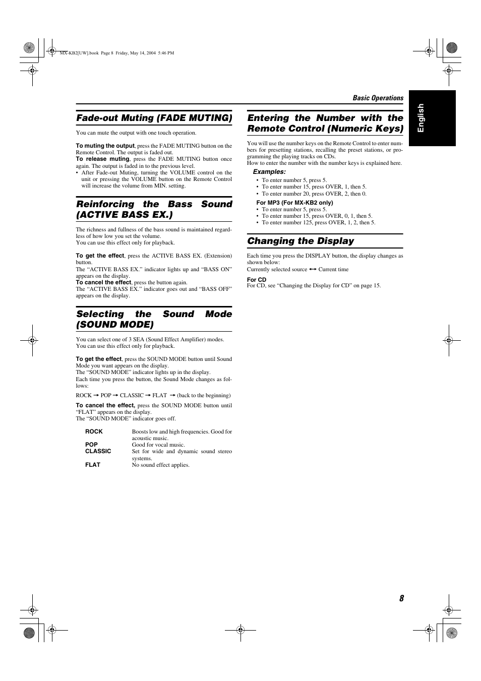 Fade-out muting (fade muting), Reinforcing the bass sound (active bass ex.), Selecting the sound mode (sound mode) | Changing the display | JVC MX-KB1 MX-KB2 User Manual | Page 11 / 82