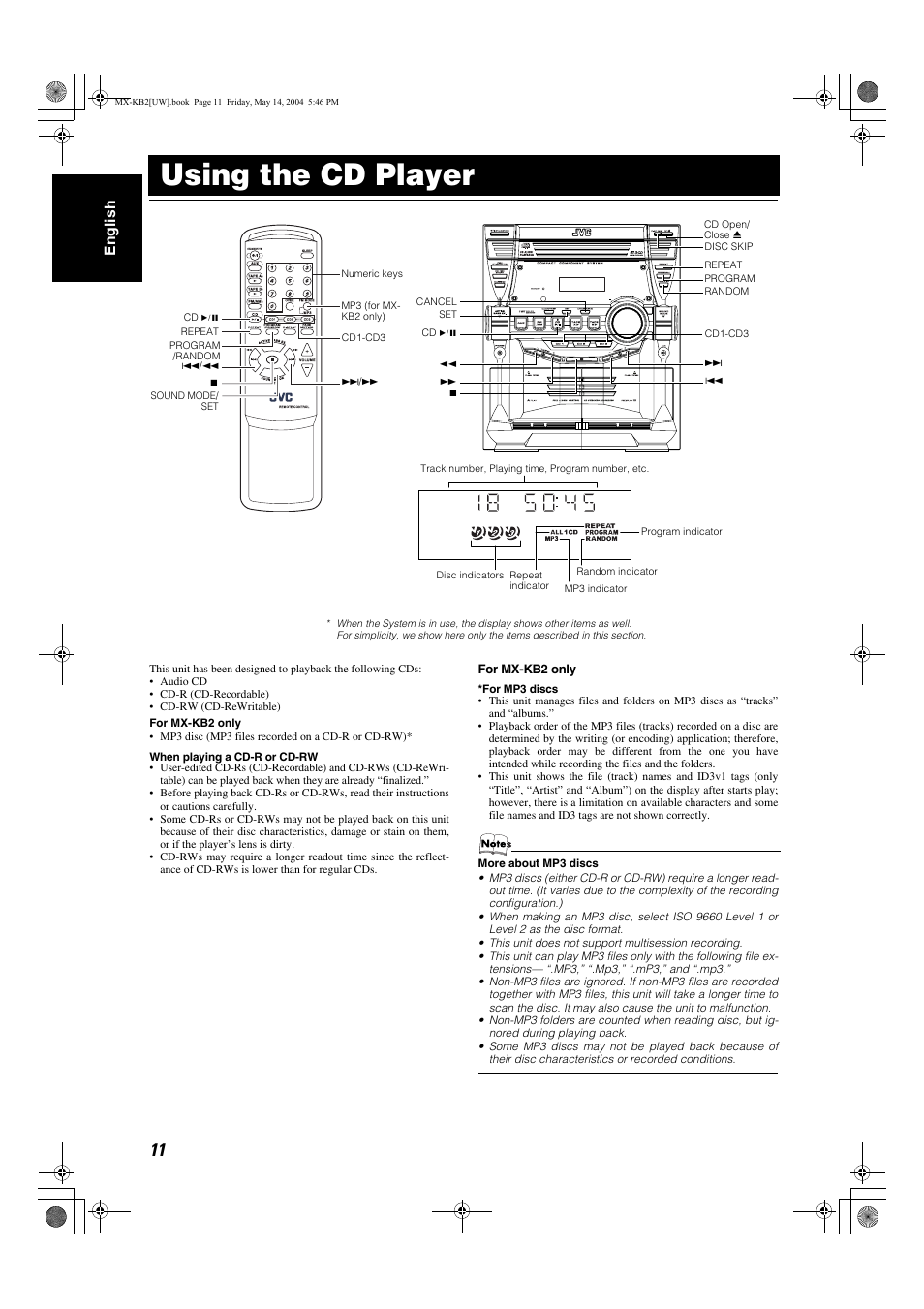 Using the cd player, Eng lish | JVC MX-KB1 MX-KB2 User Manual | Page 14 / 82