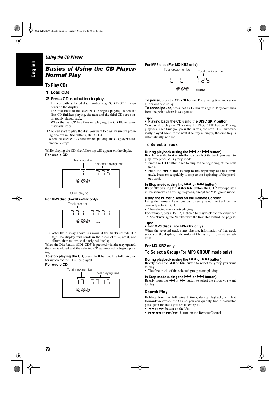 Basics of using the cd player- normal play | JVC MX-KB1 MX-KB2 User Manual | Page 16 / 82