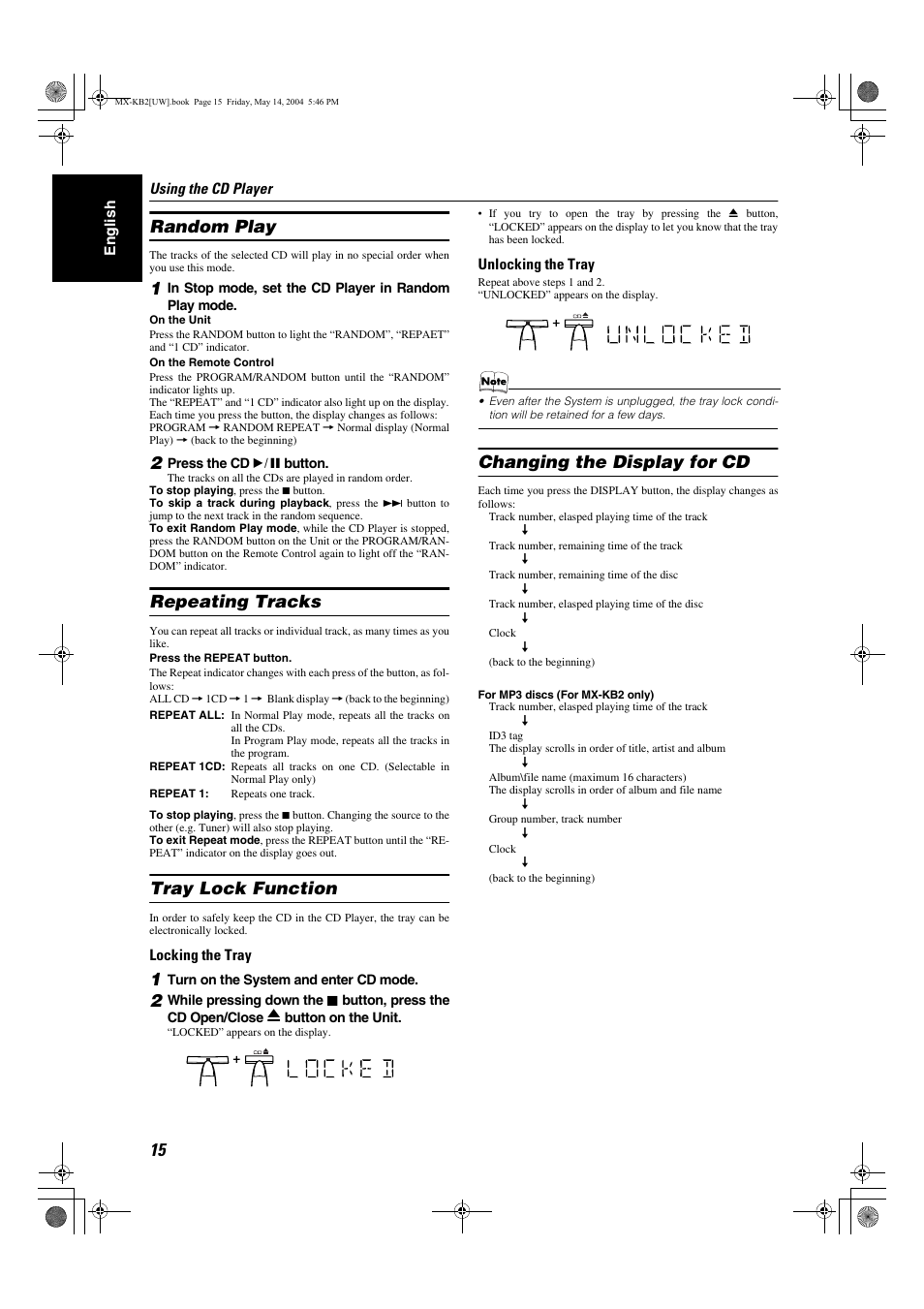 Random play, Repeating tracks, Tray lock function | Changing the display for cd | JVC MX-KB1 MX-KB2 User Manual | Page 18 / 82