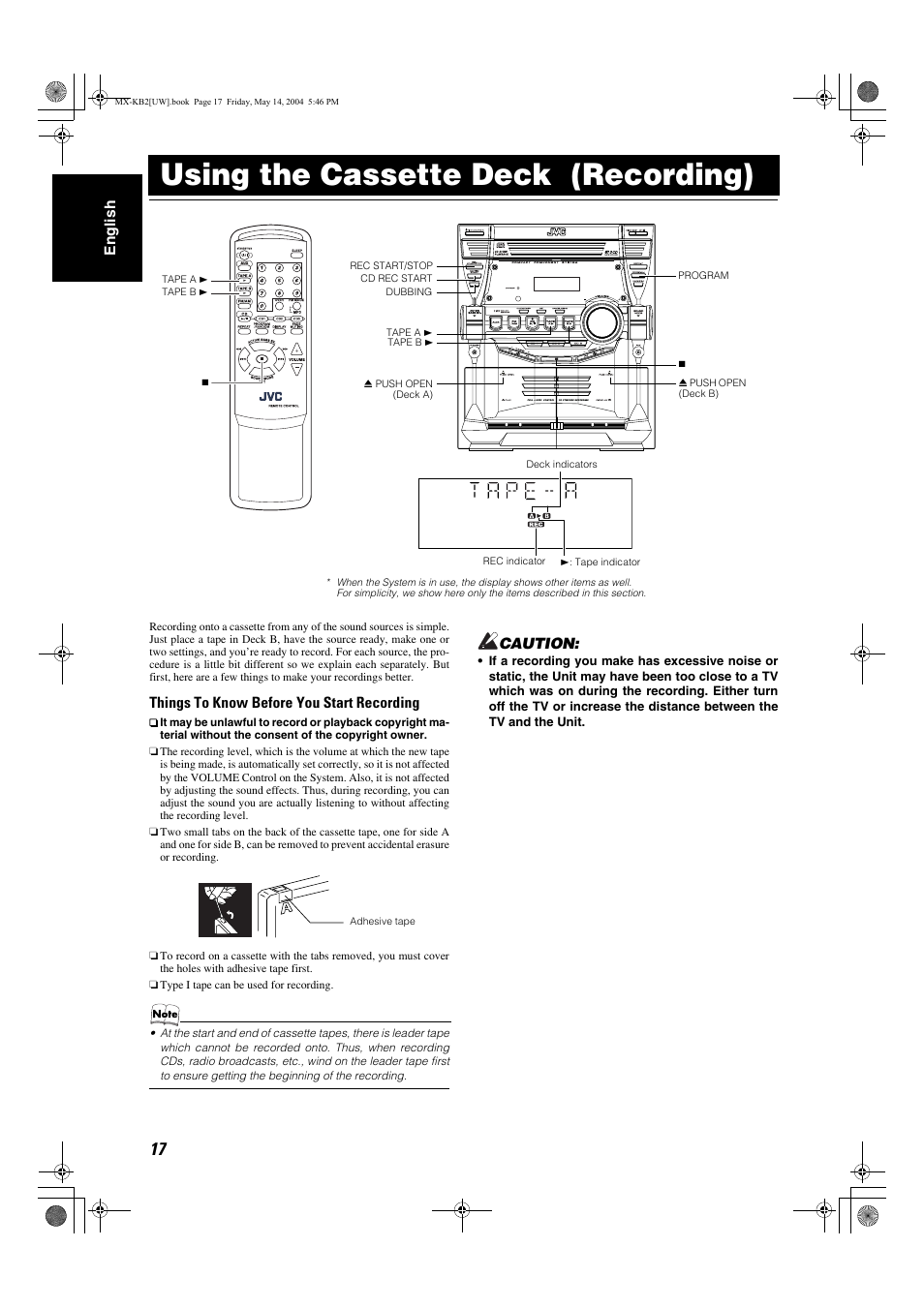 Using the cassette deck (recording), Eng lish, Things to know before you start recording | Caution | JVC MX-KB1 MX-KB2 User Manual | Page 20 / 82