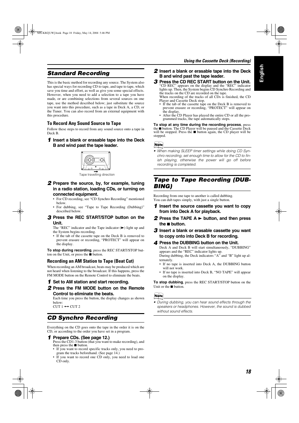 Standard recording, Cd synchro recording, Tape to tape recording (dub- bing) | JVC MX-KB1 MX-KB2 User Manual | Page 21 / 82