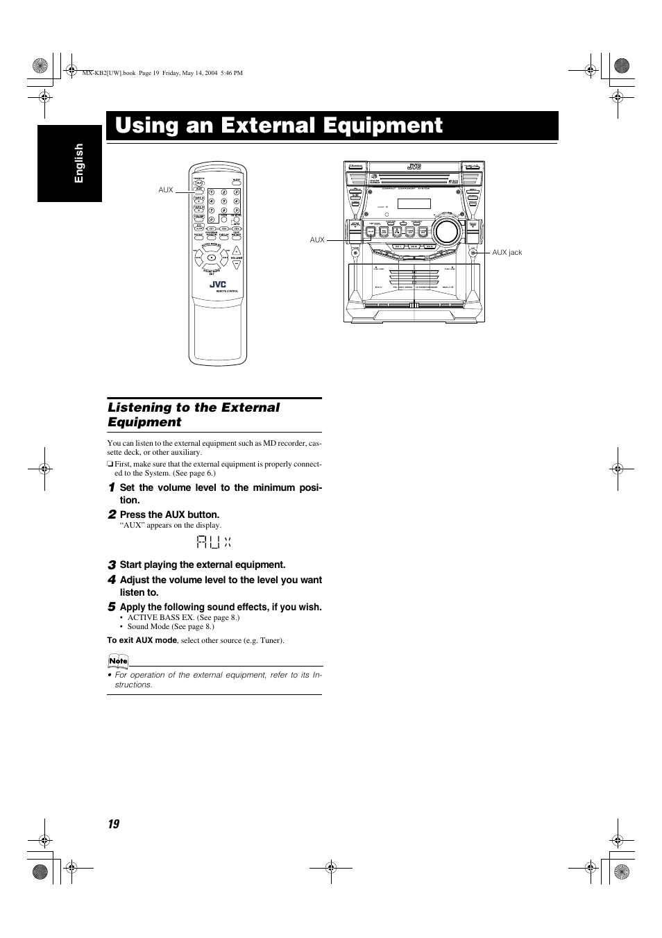 Using an external equipment, Listening to the external equipment | JVC MX-KB1 MX-KB2 User Manual | Page 22 / 82
