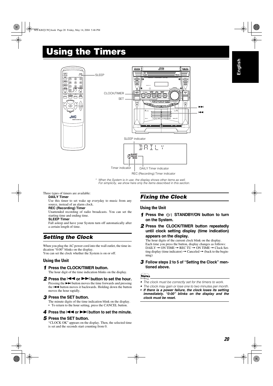 Using the timers, Setting the clock, Fixing the clock | JVC MX-KB1 MX-KB2 User Manual | Page 23 / 82