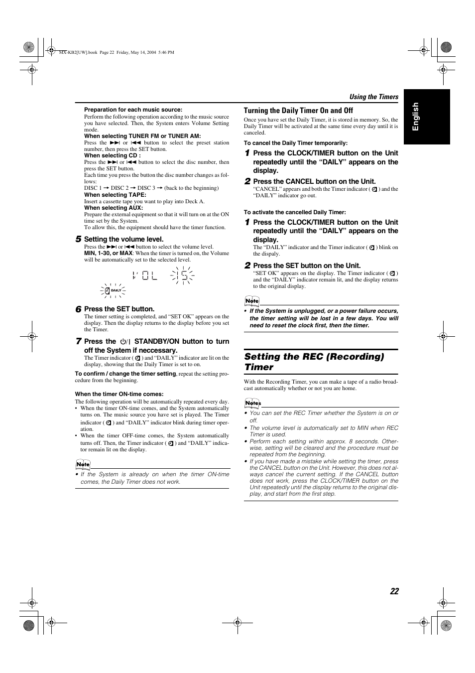 Setting the rec (recording) timer | JVC MX-KB1 MX-KB2 User Manual | Page 25 / 82