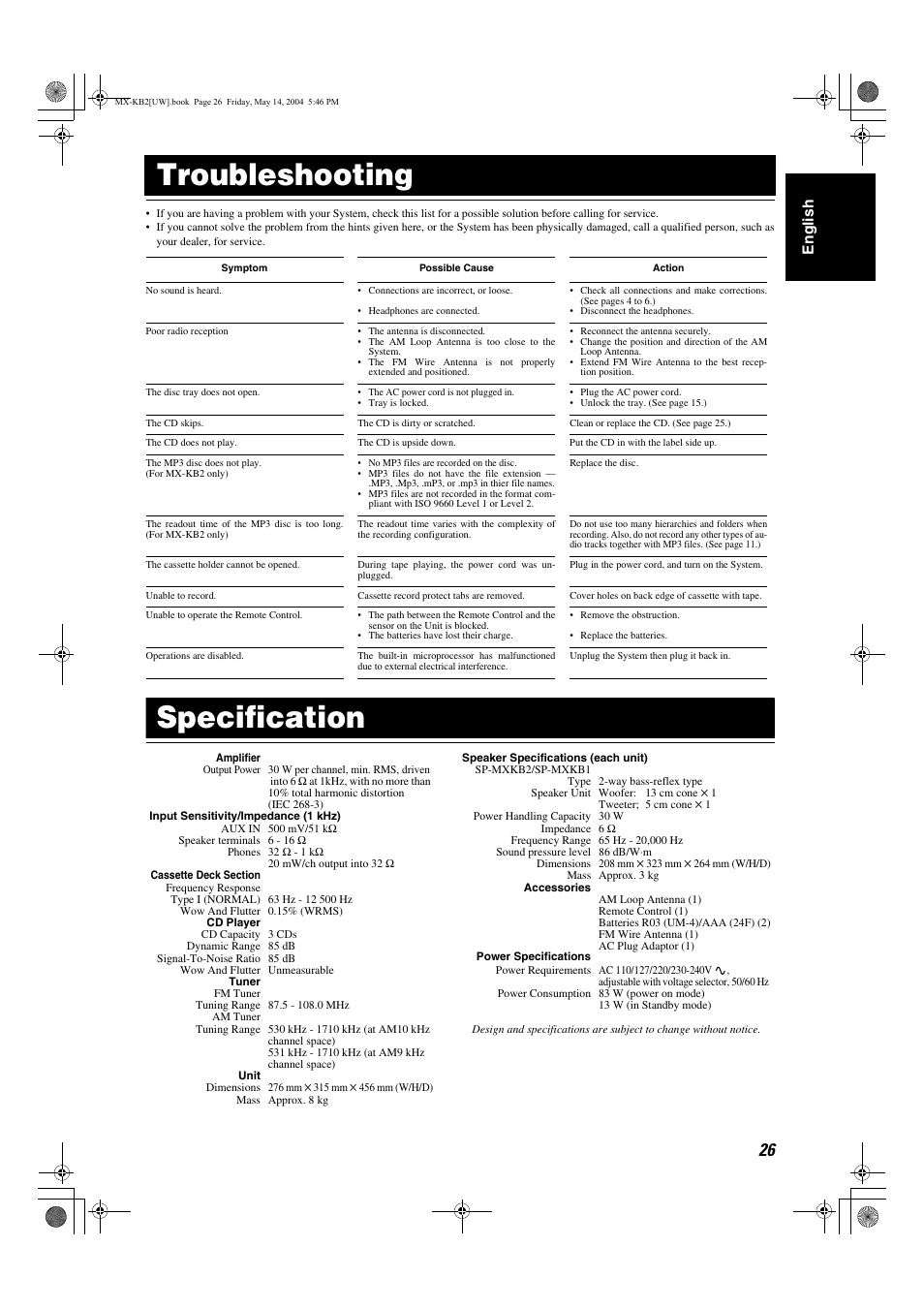 Troubleshooting, Specification, Eng lish | JVC MX-KB1 MX-KB2 User Manual | Page 29 / 82