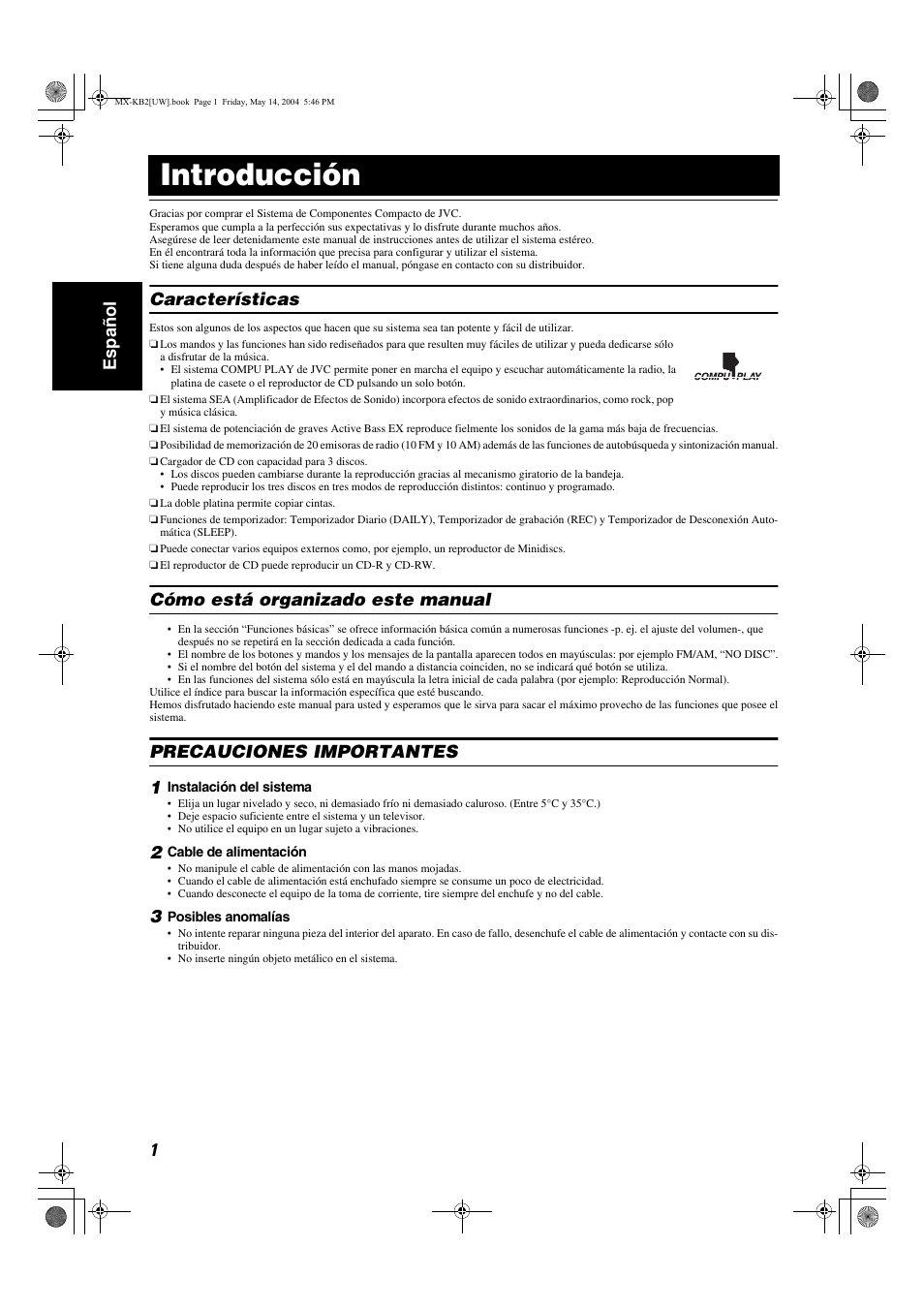 Introducción, 1español, Características | Cómo está organizado este manual, Precauciones importantes 1 | JVC MX-KB1 MX-KB2 User Manual | Page 30 / 82