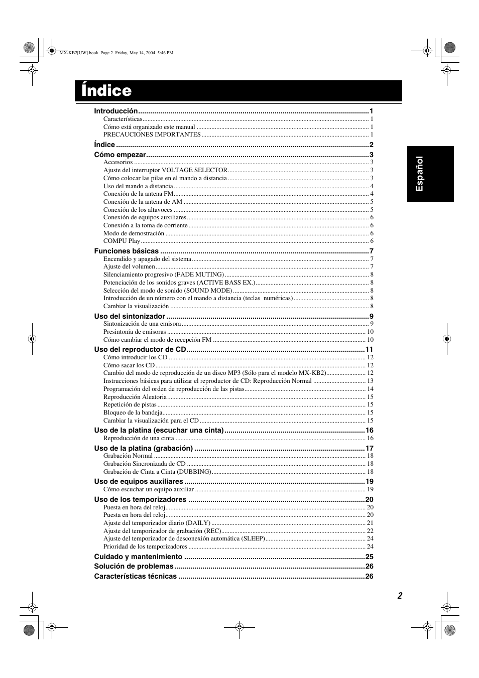 Índice, 2español | JVC MX-KB1 MX-KB2 User Manual | Page 31 / 82