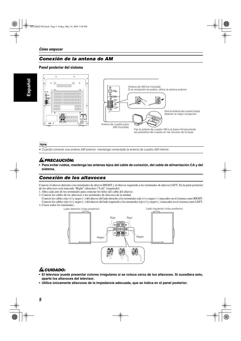 Español conexión de la antena de am, Conexión de los altavoces | JVC MX-KB1 MX-KB2 User Manual | Page 34 / 82