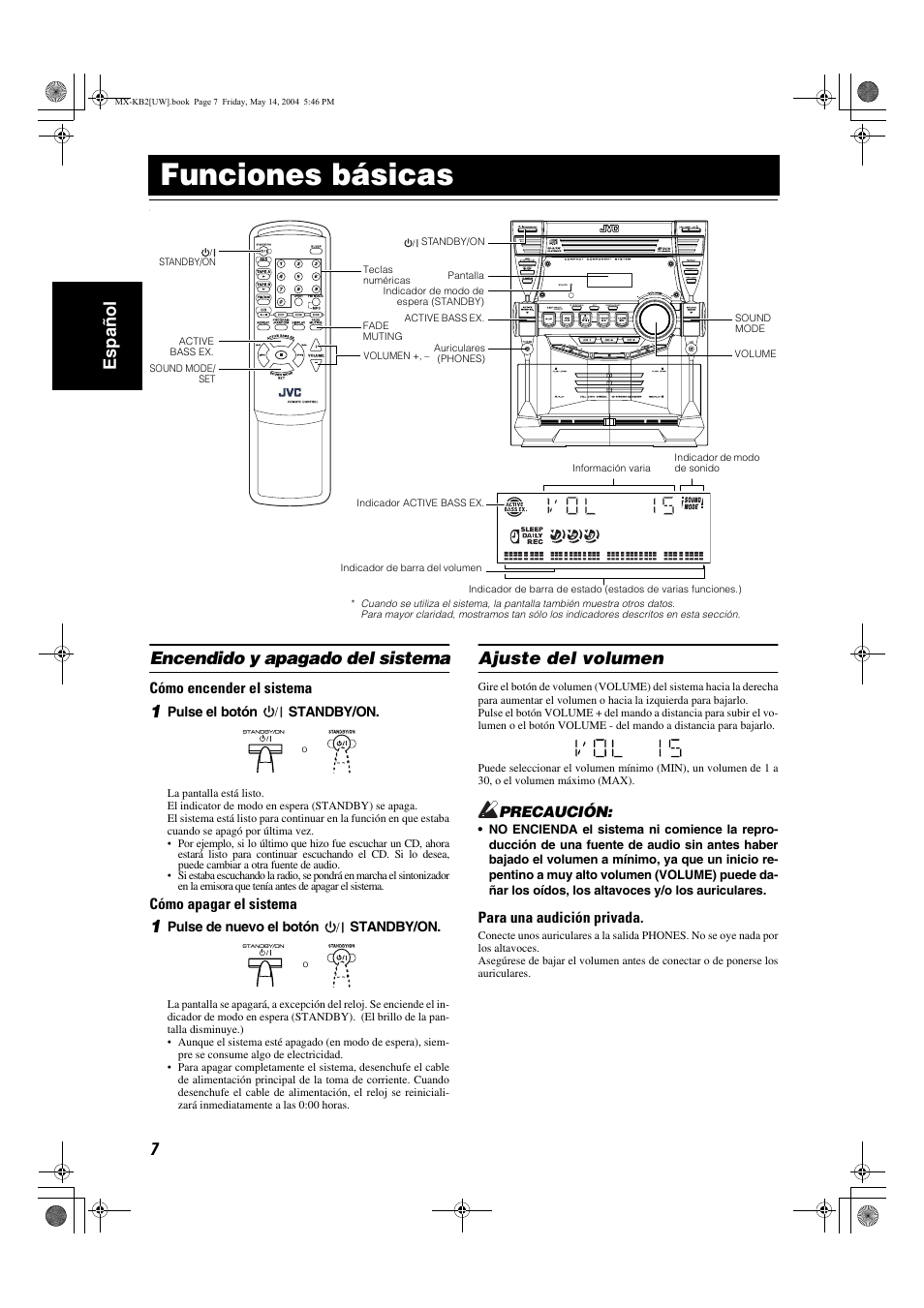 Funciones básicas, 7español, Encendido y apagado del sistema | Ajuste del volumen | JVC MX-KB1 MX-KB2 User Manual | Page 36 / 82