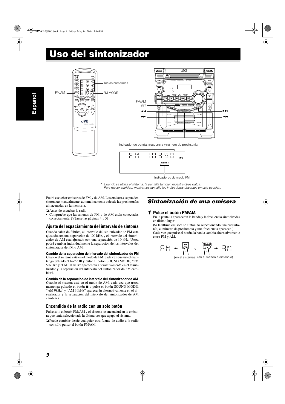 Uso del sintonizador, 9español, Sintonización de una emisora 1 | JVC MX-KB1 MX-KB2 User Manual | Page 38 / 82