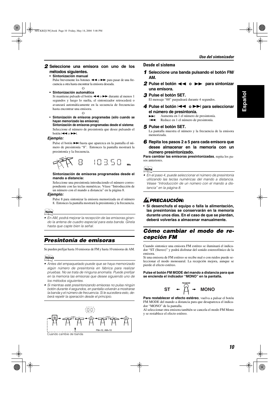 Español 2, Presintonía de emisoras, Cómo cambiar el modo de re- cepción fm | JVC MX-KB1 MX-KB2 User Manual | Page 39 / 82