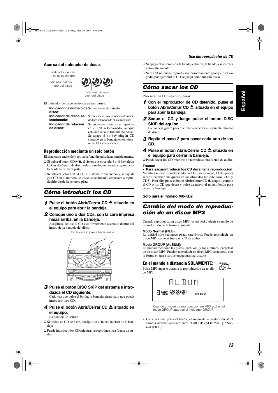 Español, Cómo introducir los cd 1, Cómo sacar los cd | Cambio del modo de reproduc- ción de un disco mp3 | JVC MX-KB1 MX-KB2 User Manual | Page 41 / 82