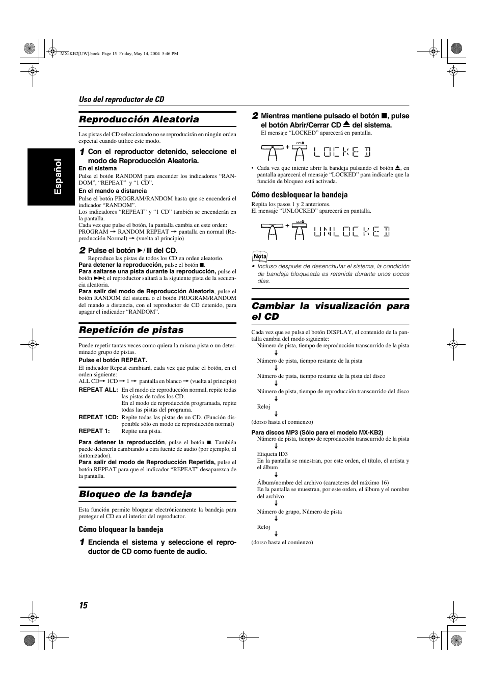 Español reproducción aleatoria, Repetición de pistas, Bloqueo de la bandeja | Cambiar la visualización para el cd | JVC MX-KB1 MX-KB2 User Manual | Page 44 / 82